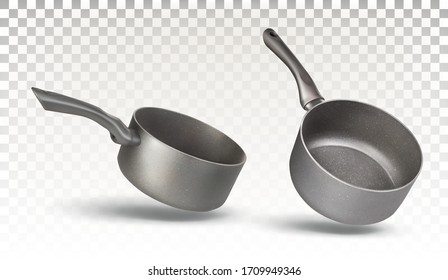 Set of two stewpan for cooking isolated on a transparent background. Kitchen utensils, dishes. Vector 3d realistic pan.