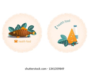 Set of two stickers with grain texture on the theme of healthy lifestyle, fitness and sports nutrition. Vector illustration.