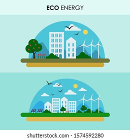 Set of two stock vector illustrations on the theme of ecology. Infographic cartoon illustration of a clean city. Beautiful cityscape with skyscrapers, windmills, solar panels, trees, flowers.