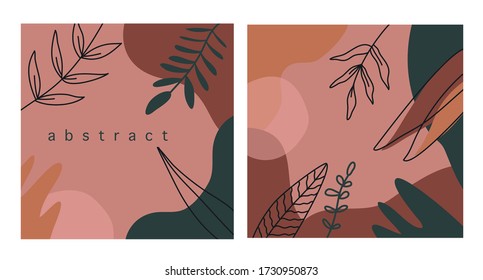 A set of TWO stories templates with abstract shapes in green and pink pastel colors. Media post for social networks. Universal templates for invitation. Greeting cards, flyers, design, cover.