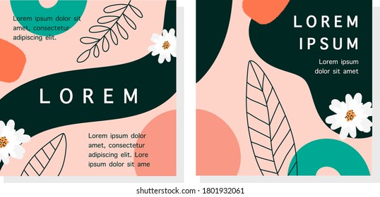 Conjunto de plantillas de dos pisos con formas botánicas y orgánicas abstractas 
naranja y verde. Plantillas universales para invitación. Tarjetas de felicitación, volantes, boletín, diseño de marca, portadas.