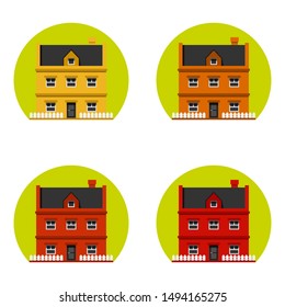 Set of two story house flat vector icon. Real estate symbol. Home colorful illustration.