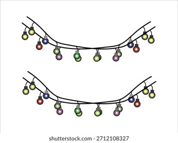 Set of Two Strings of Colorful Multicolored Fairy Lights, Curving Festive Decoration and Holiday Border Element Vector Illustration
