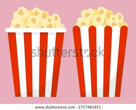 Set of two striped bucket of salty popcorn in cartoon style. Cinema food, snack pack, fast food, movie theater concept. Vector illustration isolated on pink background