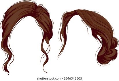 set of two styling and hairstyle templates for medium-length brown female hair for female characters styled in messy hairstyles