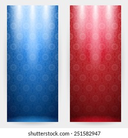 Set of two stylish patterned background in blue and red tones with spotlights