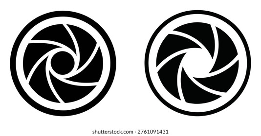 A set of two stylized black and white icons representing a camera lens diaphragm, one showing a nearly closed aperture and the other an open one, perfect for photography concepts.
