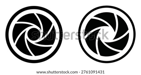 A set of two stylized black and white icons representing a camera lens diaphragm, one showing a nearly closed aperture and the other an open one, perfect for photography concepts.