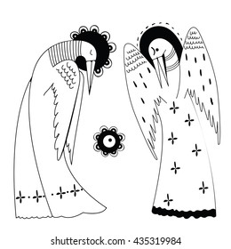 Set of two stylized cranes in dresses. Stylish bird characters.