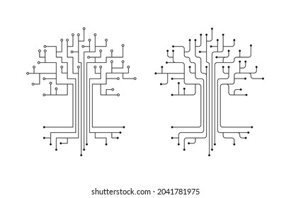 Set of Two Stylized Digital Trees. Communication and Technology Icons. Vector Illustration. Black Contour Isolated on White. 