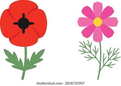 A set of two stylized flat vector flowers, a red poppy and a pink cosmos, isolated on a white background.