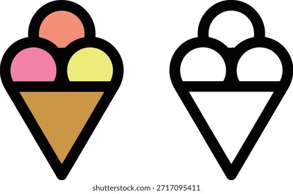 Un conjunto de dos iconos de conos de helado estilizados mostrados uno al lado del otro. Un icono está lleno de colores (cucharadas de color rosa, amarillo, naranja en un cono marrón), y el otro es una versión de contorno negro simple del 