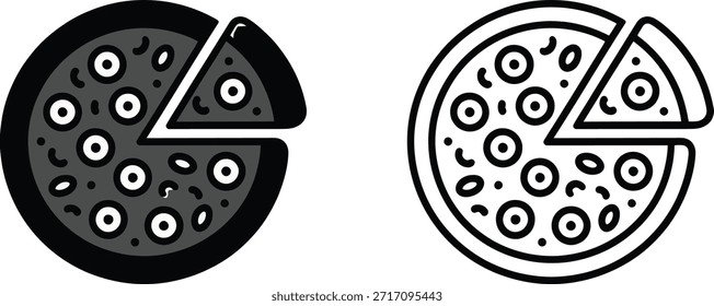 Un conjunto de dos iconos estilizados que representan una pizza con una rebanada eliminada. Una versión es un gráfico sólido negro y gris, y la otra es un simple dibujo de contorno negro. Ambos presentan círculos Pequeños repr
