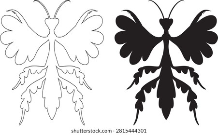 A set of two stylized illustrations of a praying mantis, one as a black silhouette and one as a line art outline.