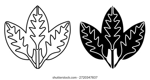 Conjunto de dos iconos de hojas estilizadas, uno delineado y otro negro sólido, que representan un elemento botánico.