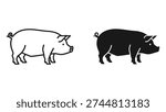 A set of two stylized pig illustrations on a white background. One is a clean line art drawing, and the other is a solid black silhouette. Ideal for farm, agriculture, or animal-themed designs.