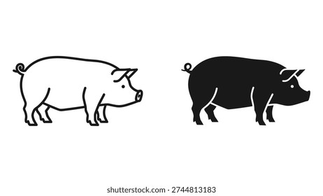 A set of two stylized pig illustrations on a white background. One is a clean line art drawing, and the other is a solid black silhouette. Ideal for farm, agriculture, or animal-themed designs.