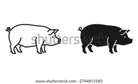 A set of two stylized pig illustrations on a white background. One is a clean line art drawing, and the other is a solid black silhouette. Ideal for farm, agriculture, or animal-themed designs.