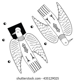 Set of two stylized pigeons. Vector illustration can be used for textile and backgrounds prints, icons, tattoo and etching templates, and other creative designs.