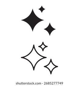 Um conjunto de dois ícones estilizados de explosão estelar ou brilho, um preto sólido e o outro contornado, representando brilho e brilho.