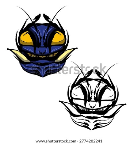A set of two stylized vector insect head illustrations, featuring a menacing hornet or wasp mascot in both vibrant blue and yellow colors and a clean black and white line art version.