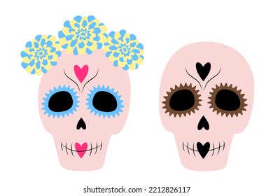 Set of two Sugar Skull in trendy shades. Day of the Dead. Dia de los muertos. Mexico. Sticker. Icon