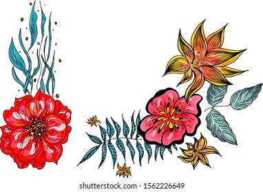 Set of two summer colorful tropical flowers. Floral botanical flower set isolated on white background. Hand drawn vector collection. Botanical Hawaii nature. Tropical palm icon. Hawaiian illustration