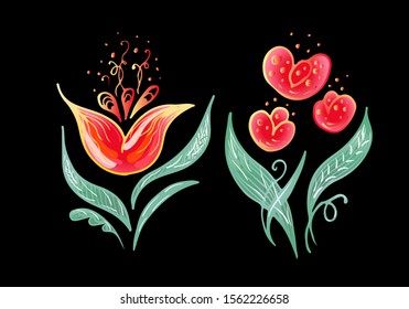 Set of two summer colorful tropical flowers. Floral botanical flower set isolated on white background. Hand drawn vector collection. Botanical Hawaii nature. Tropical palm icon. Hawaiian illustration