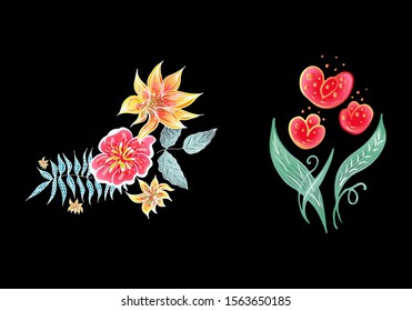 Set of two summer colorful tropical flowers. Floral botanical flower set isolated on white background. Hand drawn vector collection. Botanical Hawaii nature. Tropical palm icon. Hawaiian illustration