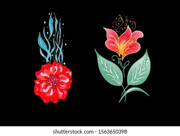 Set of two summer colorful tropical flowers. Floral botanical flower set isolated on white background. Hand drawn vector collection. Botanical Hawaii nature. Tropical palm icon. Hawaiian illustration