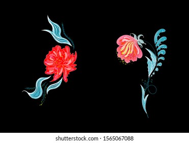 Set of two summer colorful tropical flowers. Floral botanical flower set isolated on white background. Hand drawn vector collection. Botanical Hawaii nature. Tropical palm icon. Hawaiian illustration