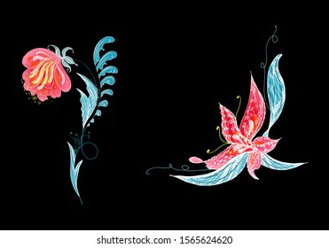 Set of two summer colorful tropical flowers. Floral botanical flower set isolated on white background. Hand drawn vector collection. Botanical Hawaii nature. Tropical palm icon. Hawaiian illustration