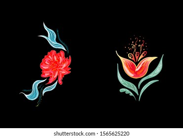 Set of two summer colorful tropical flowers. Floral botanical flower set isolated on white background. Hand drawn vector collection. Botanical Hawaii nature. Tropical palm icon. Hawaiian illustration