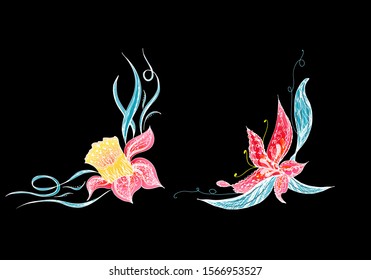 Set of two summer colorful tropical flowers. Floral botanical flower set isolated on black background. Hand drawn vector collection. Botanical Hawaii nature. Tropical palm icon. Hawaiian illustration