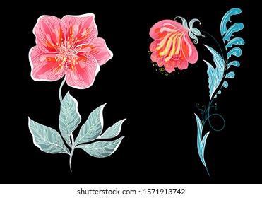 Set of two summer colorful tropical flowers. Floral botanical flower set isolated on black background. Hand drawn vector collection. Botanical Hawaii nature. Tropical palm icon. Hawaiian illustration