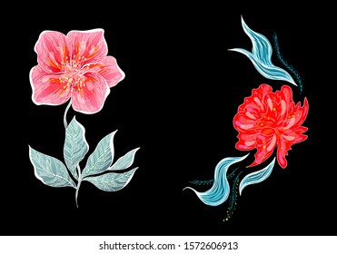 Set of two summer colorful tropical flowers. Floral botanical flower set isolated on black background. Hand drawn vector collection. Botanical Hawaii nature. Tropical palm icon. Hawaiian illustration