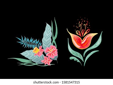 Set of two summer colorful tropical flowers. Floral botanical flower set isolated on black background. Hand drawn vector collection. Botanical Hawaii nature. Tropical palm icon. Hawaiian illustration
