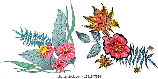 Set of two summer colorful tropical flowers. Floral botanical flower set isolated on white background. Hand drawn vector collection. Botanical Hawaii nature. Tropical palm icon. Hawaiian illustration