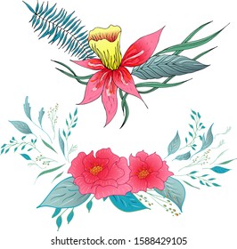 Set of two summer colorful tropical flowers. Floral botanical flower set isolated on white background. Hand drawn vector collection. Botanical Hawaii nature. Tropical palm icon. Hawaiian illustration