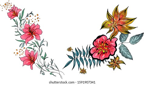 Set of two summer colorful tropical flowers. Floral botanical flower set isolated on white background. Hand drawn vector collection. Botanical Hawaii nature. Tropical palm icon. Hawaiian illustration
