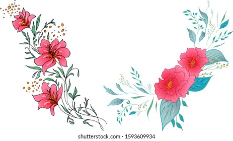Set of two summer colorful tropical flowers. Floral botanical flower set isolated on white background. Hand drawn vector collection. Botanical Hawaii nature. Tropical palm icon. Hawaiian illustration