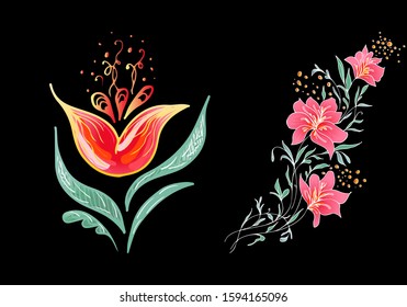 Set of two summer colorful tropical flowers. Floral botanical flower set isolated on black background. Hand drawn vector collection. Botanical Hawaii nature. Tropical palm icon. Hawaiian illustration