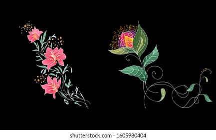 Set of two summer colorful tropical flowers. Floral botanical flower set isolated on black background. Hand drawn vector collection. Botanical Hawaii nature. Tropical palm icon. Hawaiian illustration