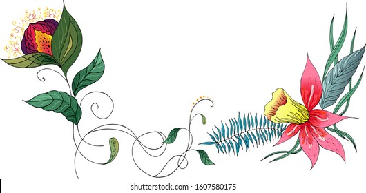 Set of two summer colorful tropical flowers. Floral botanical flower set isolated on white background. Hand drawn vector collection. Botanical Hawaii nature. Tropical palm icon. Hawaiian illustration