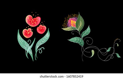 Set of two summer colorful tropical flowers. Floral botanical flower set isolated on black background. Hand drawn vector collection. Botanical Hawaii nature. Tropical palm icon. Hawaiian illustration