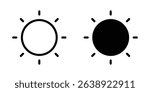 Set of two sun icons, one outlined and one filled, on white background, representing sunlight, brightness, weather, light control, or daytime mode in user interface and display settings.