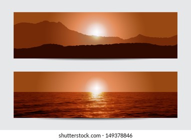 Set of two sunset banners with sea and mountains. Can used as background.