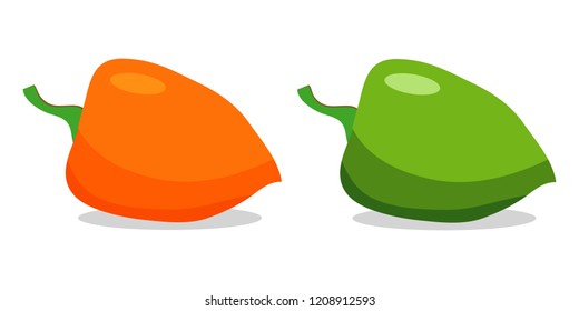Set of two sweet peppers. Yellow, green pepper with shadow. Flat design, vector.