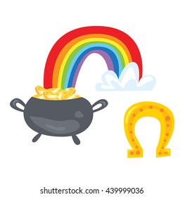 Set of two symbols of fortune and luckiness: pot full of gold and rainbow, gold horseshoe. Cartoon style elements isolated on white background