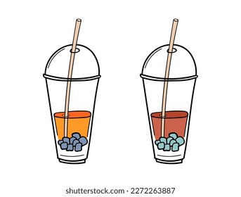 Set of two takeaway plastic glasses with iced coffee, tea or juice, ice cubes and straw. Doodle colorful sketch style hand drawn illustration. For menu, bar, coffee shop, cafe, restaurant, banner.